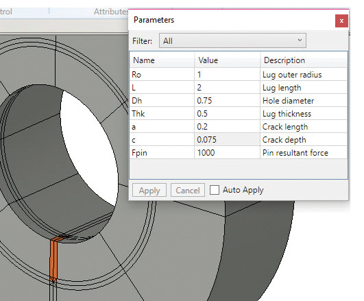 Fig. 2: Starting crack parameters and mesh.