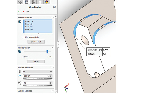 Fig. 9: Local mesh control menu and selected fillet surfaces.