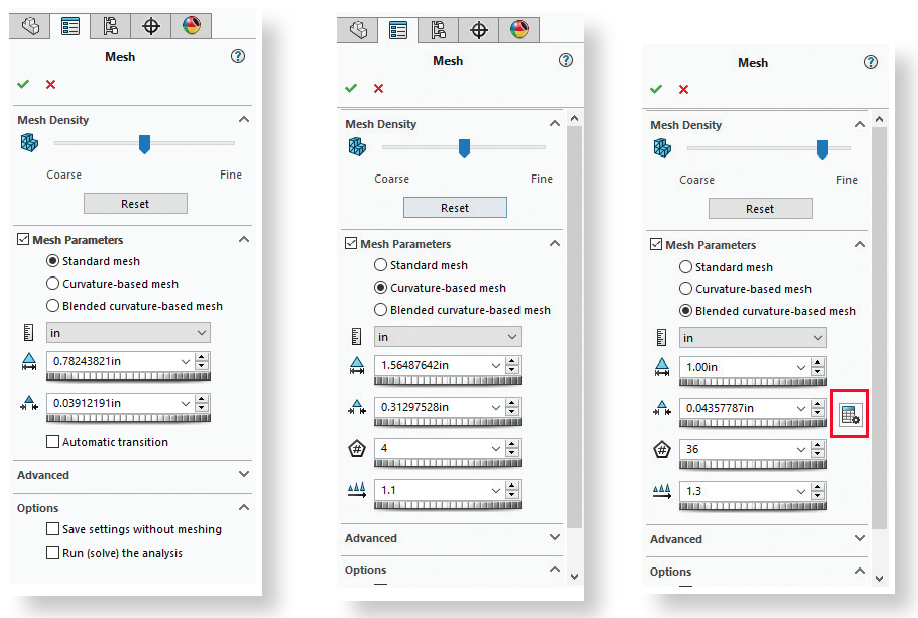 Fig. 3: Standard (left), curvature (center) and blended-curvature based options in the Meshing menu.