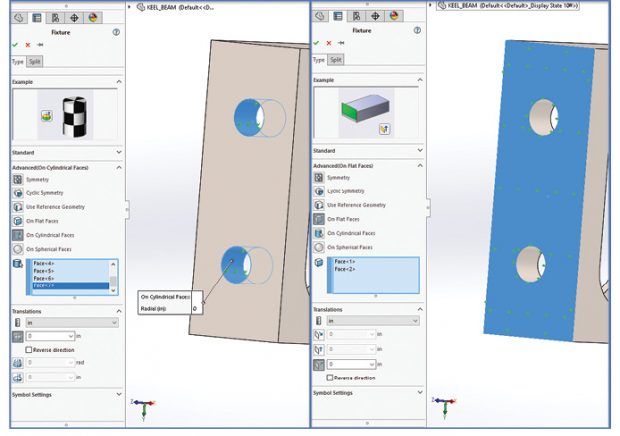 Fig. 2: Constraint definitions: bolts (left), abutment face (right).