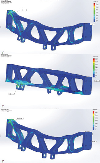 Fig. 6: One Mises stress distribution for (top) vertical case, (center) lateral case, (bottom) combined case.