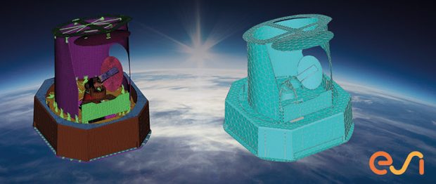 FEM and BEM vibro-acoustic simulation models of a satellite payload for space applications with ESI VA One.