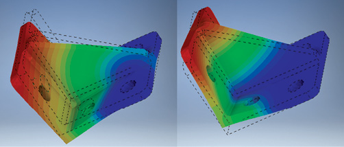 Fig. 11: The first two modes: Mode 1 (left) 1044 Hz, Mode 2 (right) 1221 Hz.