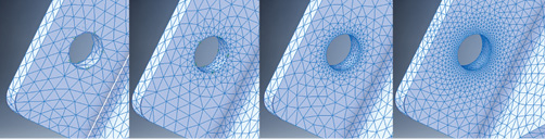 Fig. 6: Mesh refinement study on bolt hole region: from left to right 6(a) default mesh, 6(b) element size factor 0.5, 6(c) element size factor 0.25, 6(d) element growth factor 1.2.