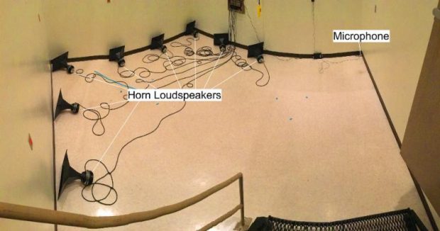 The experimental setup with eight horn loudspeakers and a microphone positioned inside the reverberation chamber. Image courtesy of Spectrum Instrumentation.